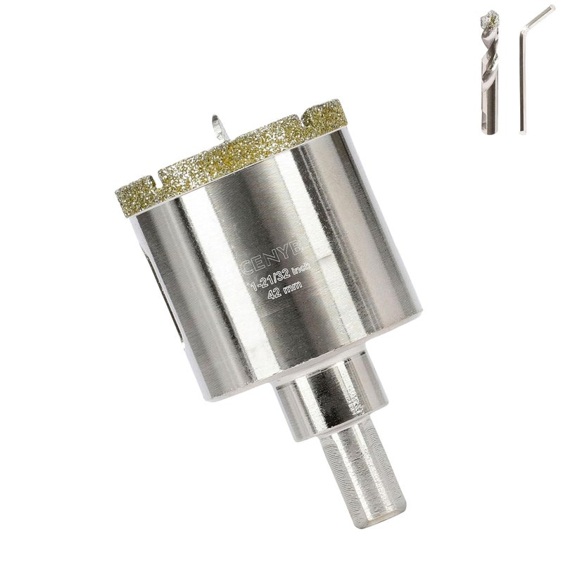 cenyb 1-21/32inch | 42mm Diamond Hole Saw with Center Drill bit and Diamond-Coated Center Drill bit for Ceramic Glass Marble Fiberglass Granite and Porcelain Tiles by - Image 1
